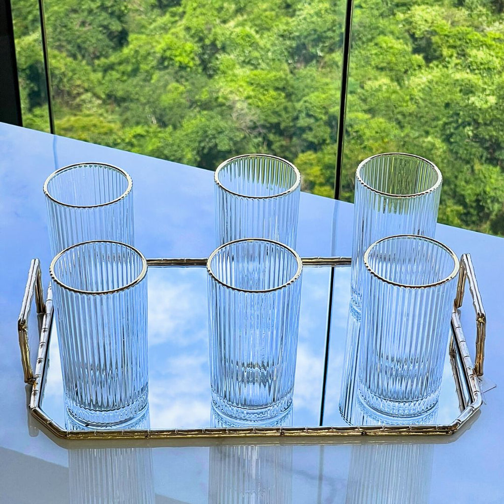 Jogo 6 Copos Altos Long Drink com Borda Dourada Graffiato 420ml