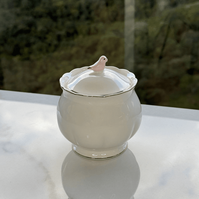 Açucareiro em Porcelana Luxo Birds Rosa Branco 300ml