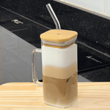 Caneca de Vidro com Canudo e Tampa de Bambu 400ml