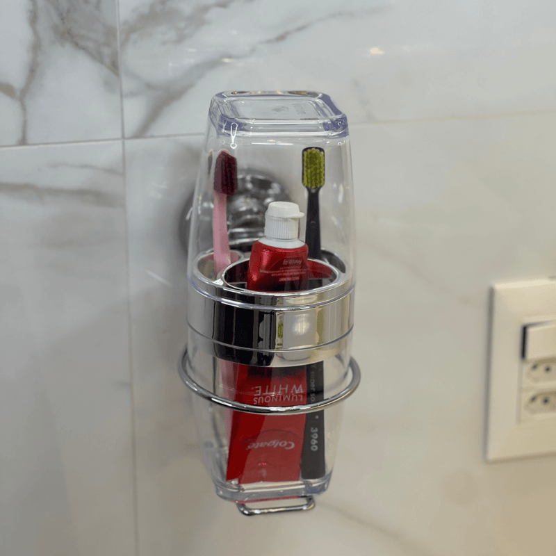 Suporte com Porta Escova e Creme Dental com Ventosa Cromado
