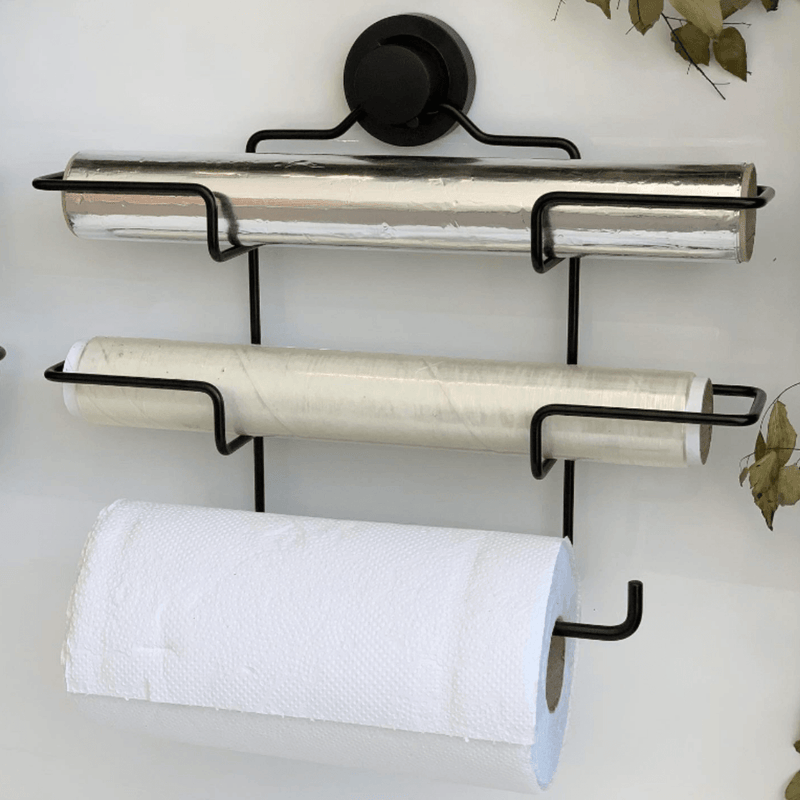 Suporte de Rolos Triplo para Papel Toalha/Alumínio/PVC com Ventosa Preto Fosco