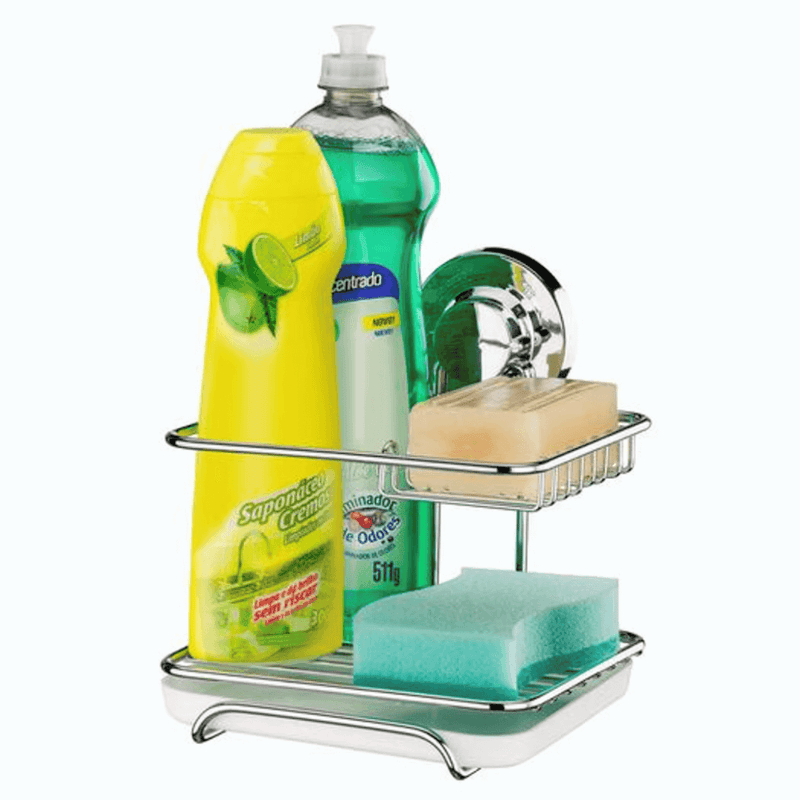 Suporte para Sabão Detergente e Esponja com Fixação por Ventosa Cromado